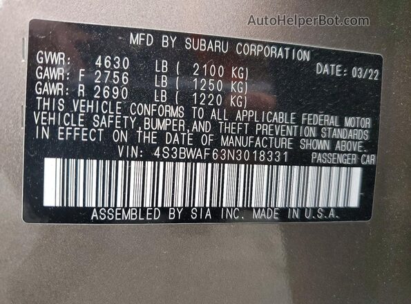 4S3BWAF63N3018331 2022 SUBARU LEGACY Gray Widok komory silnika