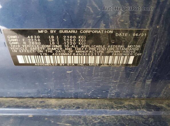 4S3BWAF64N3003112 2022 SUBARU LEGACY Blue Vista del compartimento del motor