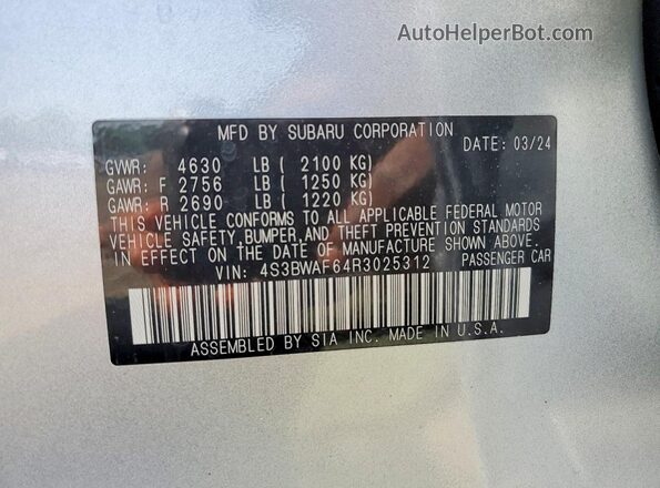 4S3BWAF64R3025312 2024 SUBARU LEGACY Silver Widok komory silnika