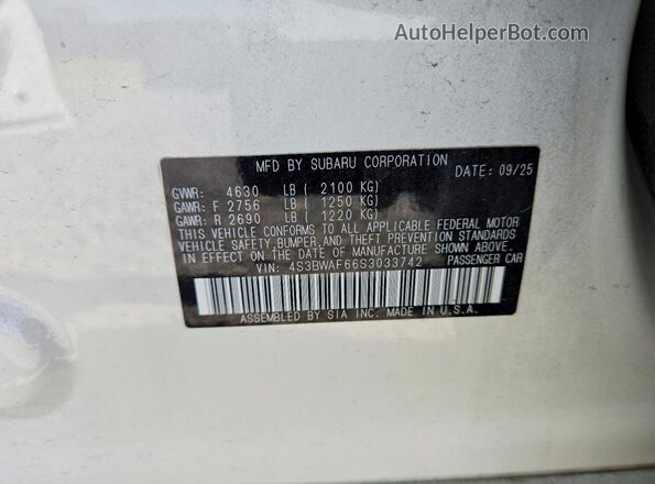 4S3BWAF66S3033742 2025 SUBARU LEGACY White Engine compartment view