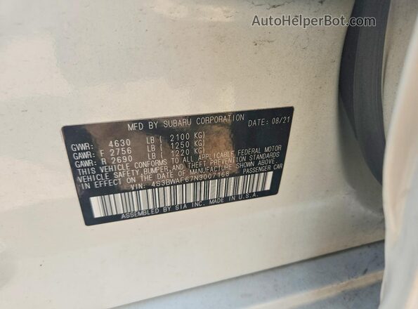4S3BWAF67N3007168 2022 SUBARU LEGACY White Engine compartment view
