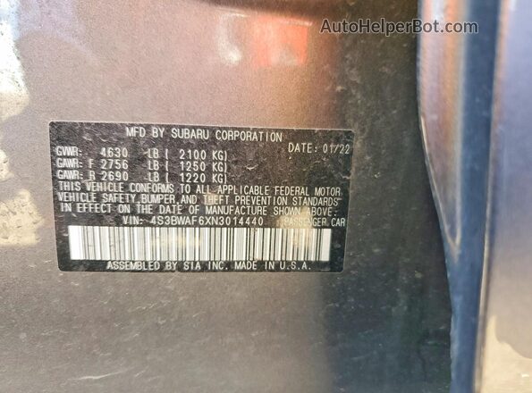 4S3BWAF6XN3014440 2022 SUBARU LEGACY Серый Вид подкапотного пространства