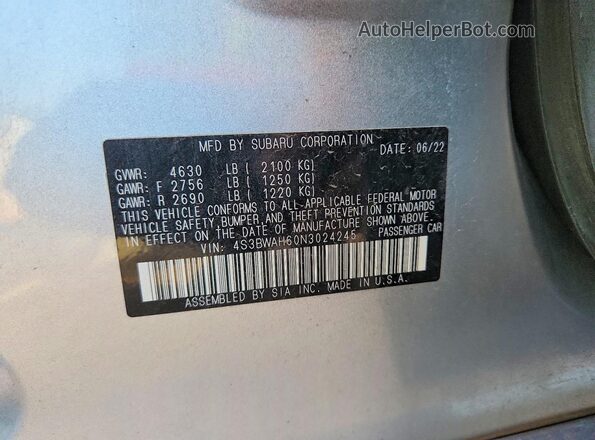 4S3BWAH60N3024245 2022 SUBARU LEGACY Silver Widok komory silnika