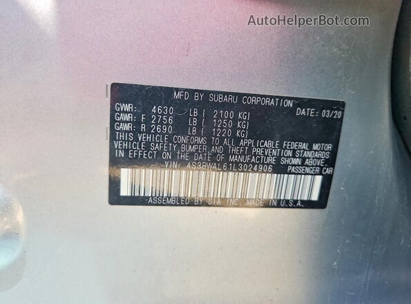 4S3BWAL61L3024906 2020 SUBARU LEGACY Silver Widok komory silnika