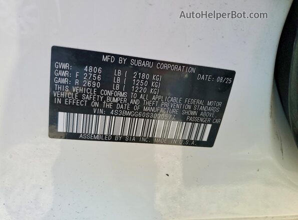 4S3BWGG60S3030577 2025 SUBARU LEGACY White Vista de la etiqueta del VIN