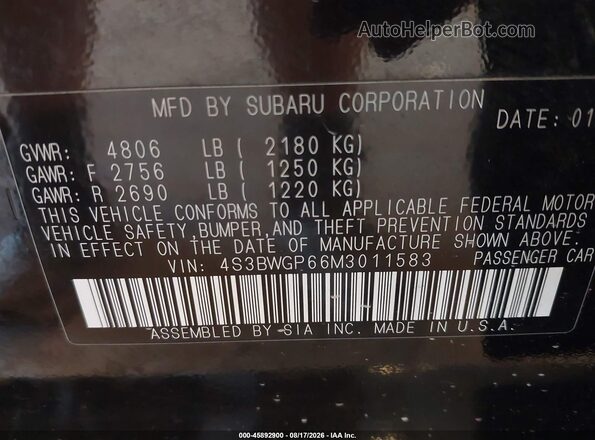 4S3BWGP66M3011583 2021 SUBARU LEGACY Black Շարժիչի բաժամունքի տեսք