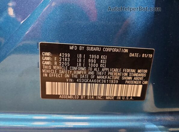 4S3GKAA60K3611939 2019 SUBARU IMPREZ Blue Engine compartment view