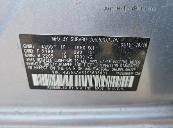 4S3GKAA61K3606801 2019 SUBARU IMPREZA Silver Widok naklejki z numerem VIN
