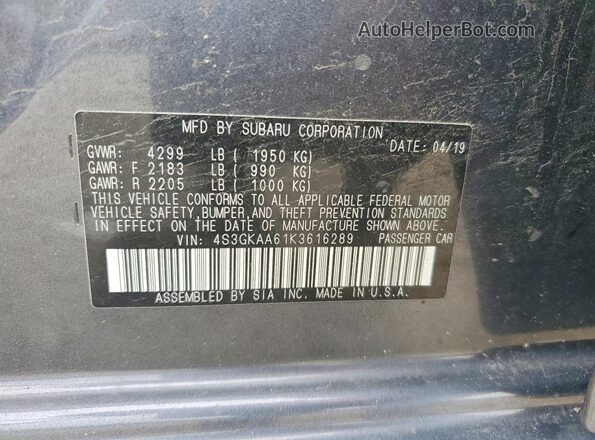 4S3GKAA61K3616289 2019 SUBARU IMPREZA Серый Вид подкапотного пространства