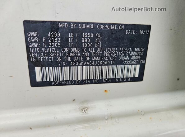4S3GKAA64J3606015 2018 SUBARU IMPREZA White Widok naklejki z numerem VIN