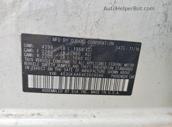4S3GKAA64K3609546 2019 SUBARU IMPREZA White Vista del compartimento del motor