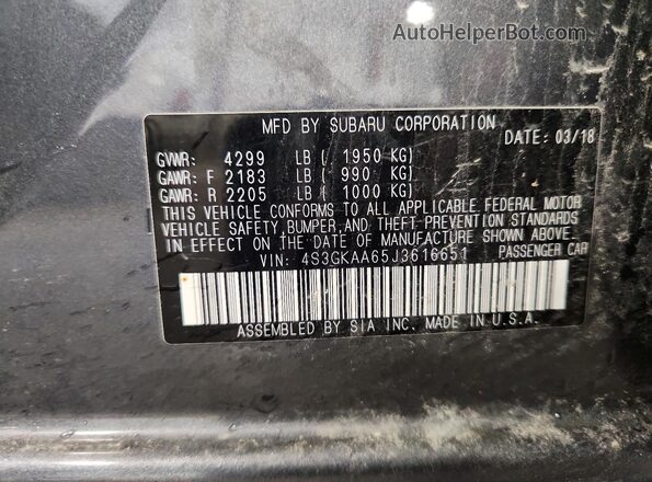 4S3GKAA65J3616651 2018 SUBARU IMPREZA Gray VIN կոդի պիտակի տեսք