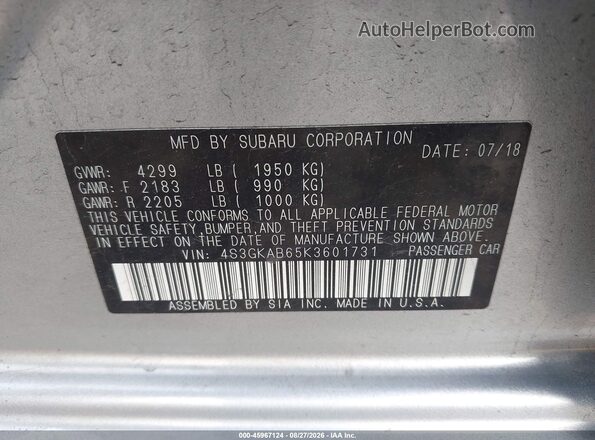 4S3GKAB65K3601731 2019 SUBARU IMPREZA Silver Vista del compartimento del motor
