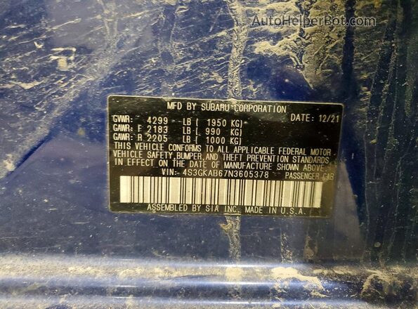 4S3GKAB67N3605378 2022 SUBARU IMPREZA Синий Вид наклейки с VIN-кодом