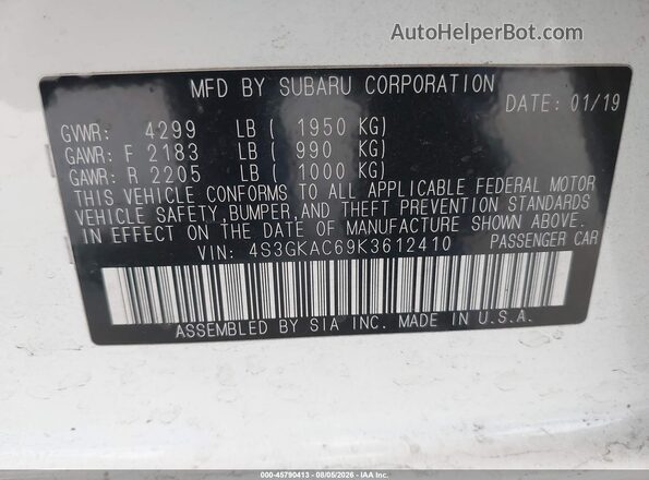 4S3GKAC69K3612410 2019 SUBARU IMPREZA White Vista del compartimento del motor