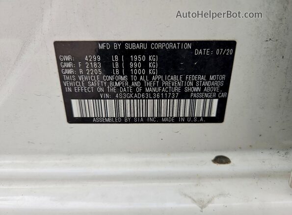 4S3GKAD63L3611737 2020 SUBARU IMPREZA White Vista de la etiqueta del VIN
