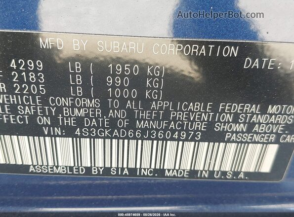 4S3GKAD66J3604973 2018 SUBARU IMPREZA Blue Vista del compartimento del motor