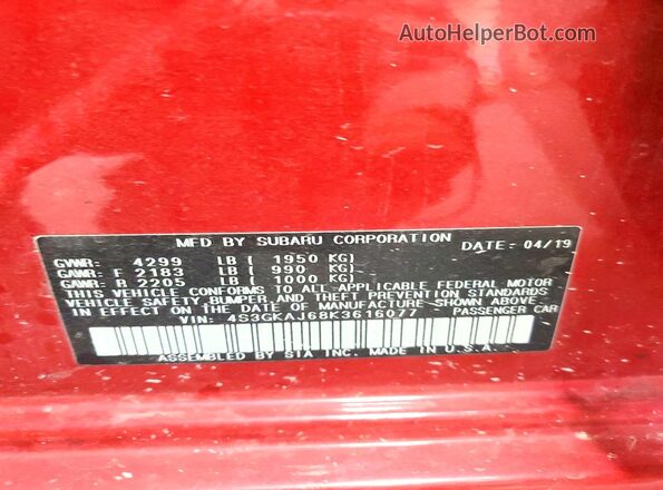 4S3GKAJ68K3616077 2019 SUBARU IMPREZA Red Вид наклейки з VIN-кодом
