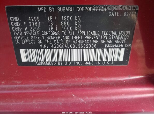 4S3GKAL68J3602336 2018 SUBARU IMPREZA Красный Вид подкапотного пространства