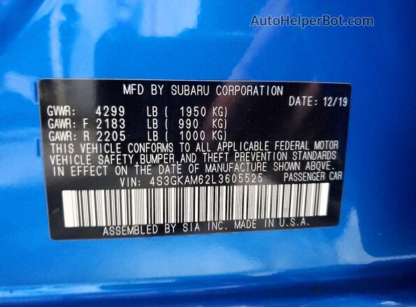 4S3GKAM62L3605525 2020 SUBARU IMPREZA Blue Вид наклейки з VIN-кодом