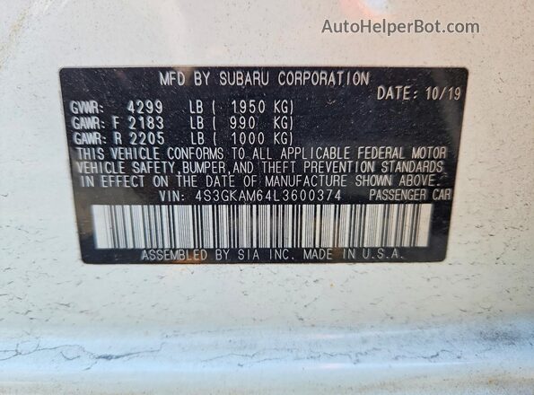 4S3GKAM64L3600374 2020 SUBARU IMPREZA White Вид наклейки з VIN-кодом