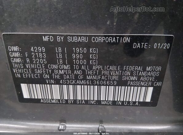 4S3GKAM66L3606659 2020 SUBARU IMPREZA Gray Շարժիչի բաժամունքի տեսք