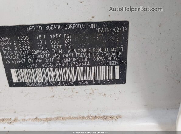 4S3GTAA65K3729644 2019 SUBARU IMPREZA White ძრავის განყოფილების ხედი
