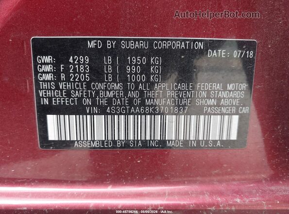 4S3GTAA68K3701837 2019 SUBARU IMPREZA Red ძრავის განყოფილების ხედი