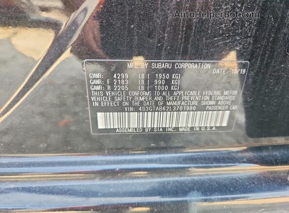 4S3GTAB62L3701980 2020 SUBARU IMPREZA Black Widok naklejki z numerem VIN