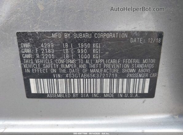4S3GTAB65K3721719 2019 SUBARU IMPREZA Серебряный Вид подкапотного пространства