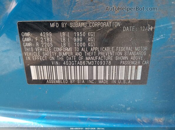 4S3GTAB67M3709378 2021 SUBARU IMPREZA Blue Вид підкапотного простору