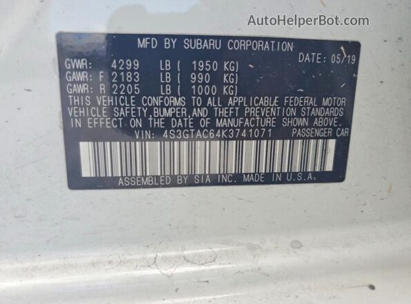 4S3GTAC64K3741071 2019 SUBARU IMPREZA White Widok naklejki z numerem VIN