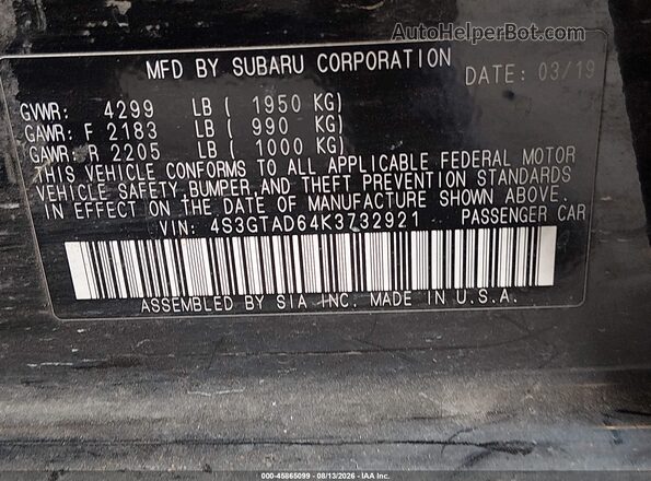 4S3GTAD64K3732921 2019 SUBARU IMPREZA Black Widok komory silnika