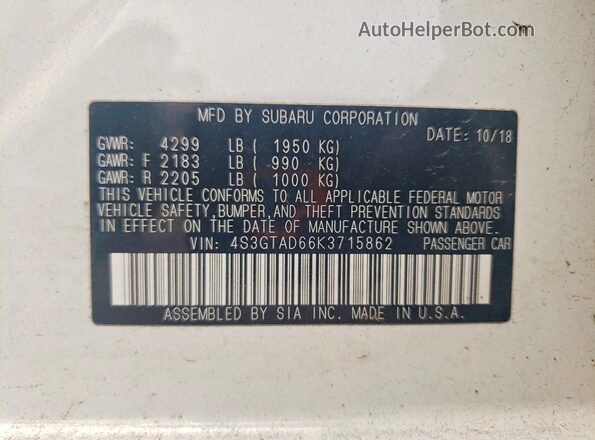 4S3GTAD66K3715862 2019 SUBARU IMPREZA White Շարժիչի բաժամունքի տեսք