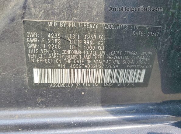 4S3GTAD69H3723639 2017 SUBARU IMPREZA Blue VIN კოდის სტიკერის ხედი