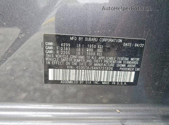 4S3GTAJ64N1721826 2022 SUBARU IMPREZA Gray Vista de la etiqueta del VIN