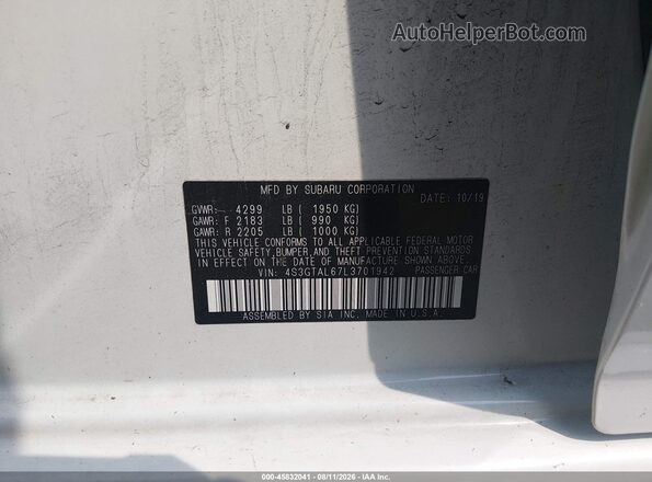 4S3GTAL67L3701942 2020 SUBARU IMPREZA White Vista del compartimento del motor