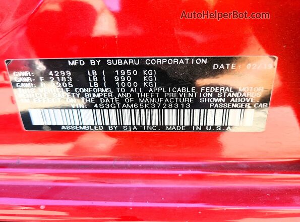 4S3GTAM65K3728313 2019 SUBARU IMPREZA Red Vista del compartimento del motor