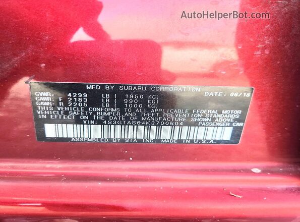 4S3GTAS64K3700604 2019 SUBARU IMPREZA Красный Вид наклейки с VIN-кодом