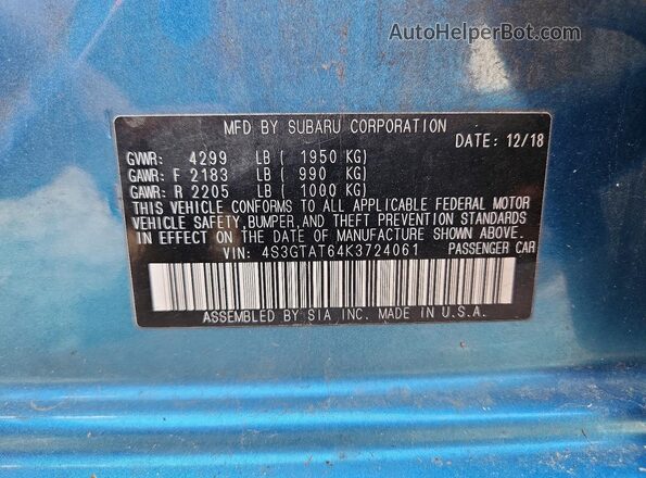 4S3GTAT64K3724061 2019 SUBARU IMPREZA Синий Вид наклейки с VIN-кодом