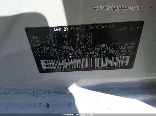 4S3GTAV62N3707339 2022 SUBARU IMPREZA White Շարժիչի բաժամունքի տեսք