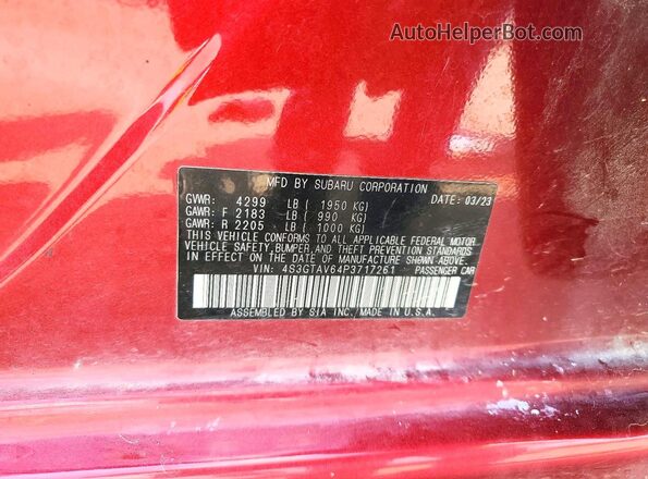 4S3GTAV64P3717261 2023 SUBARU IMPREZA Red Vista de la etiqueta del VIN