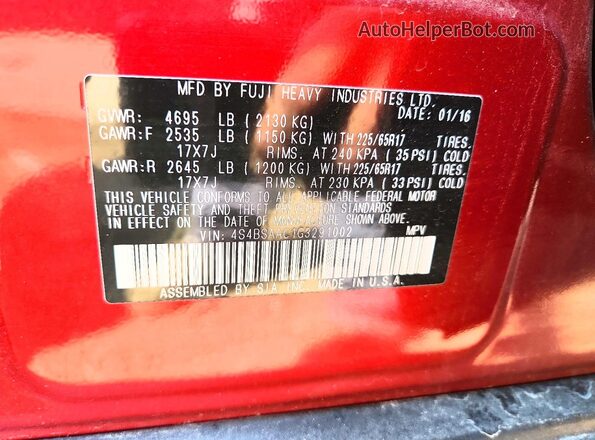 4S4BSAAC1G3291002 2016 SUBARU OUTBACK Красный Вид подкапотного пространства