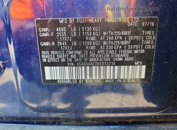 4S4BSAAC2H3213216 2017 SUBARU OUTBACK Blue VIN sticker view