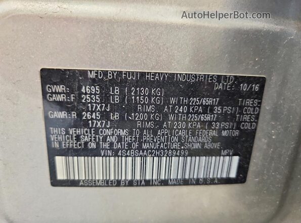 4S4BSAAC2H3289499 2017 SUBARU OUTBACK Silver Widok wnętrza 360 stopni