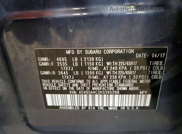 4S4BSAAC2H3395208 2017 SUBARU OUTBACK Blue VIN sticker view