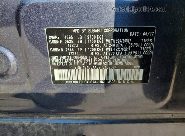 4S4BSAAC2H3432824 2017 SUBARU OUTBACK Blue Սալոնի 360 աստիճան տեսք