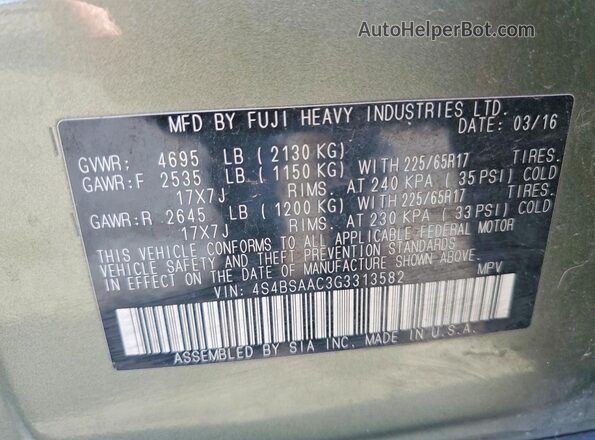 4S4BSAAC3G3313582 2016 SUBARU OUTBACK Green Vista del compartimento del motor