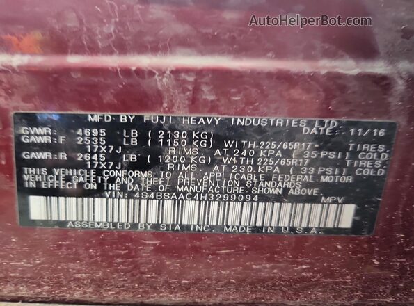 4S4BSAAC4H3299094 2017 SUBARU OUTBACK Бордовый Вид подкапотного пространства