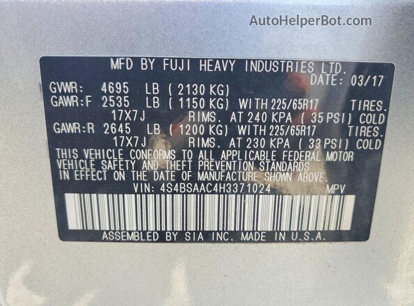 4S4BSAAC4H3371024 2017 SUBARU OUTBACK Silver Вид підкапотного простору